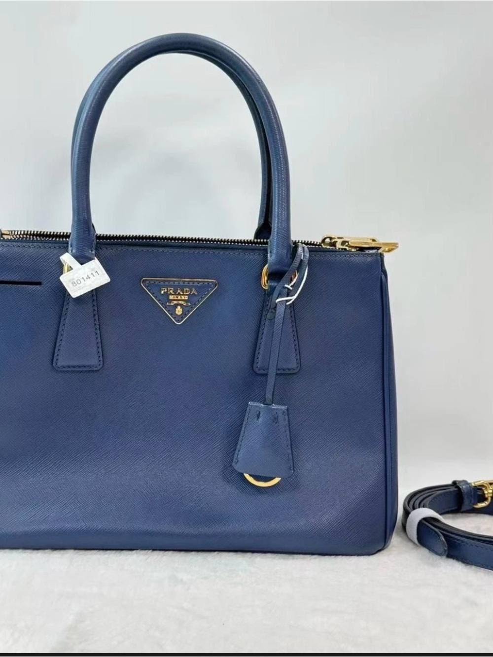 PRADA Blue Saffiano Satchel Top Handle Bag Double Zip w/ Detachable Strap